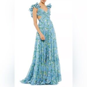Floral V-Neck Cut Out Backless Ruffle Hem Maxi Dress